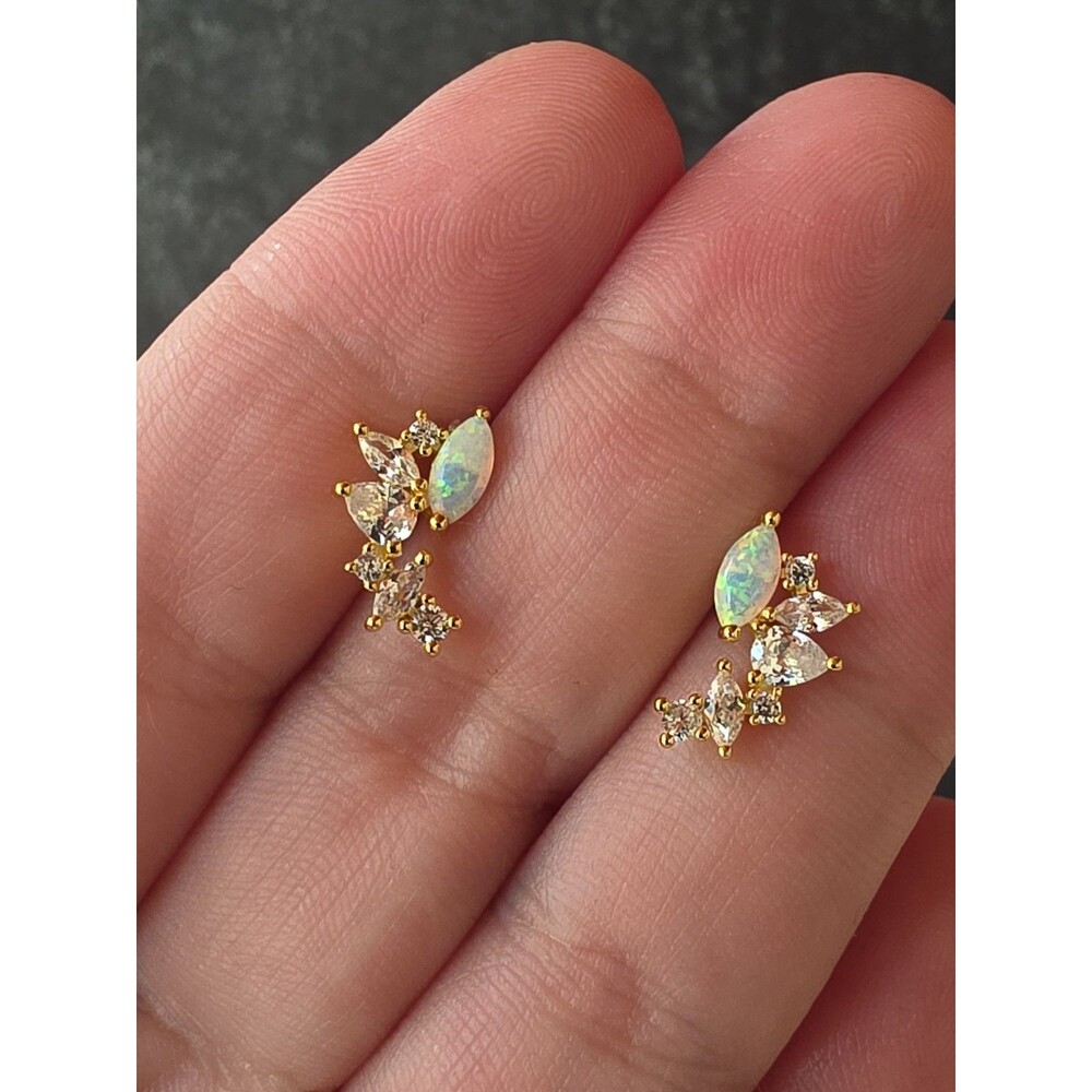 Gold Tone 925 Sterling Silver Faux Opal & CZ Stud Earrings Vintage READ